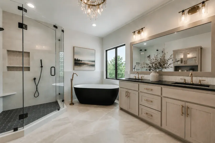 A master bath with a black freestanding tub, glass shower and double vanity