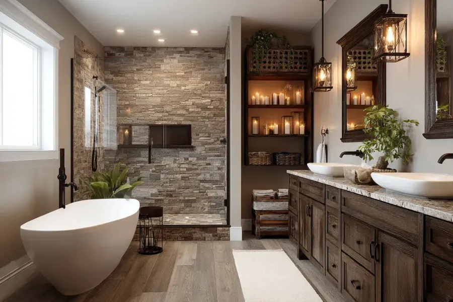 A rustic bath with a stacked-stone shower, timber vanity and twin vessels