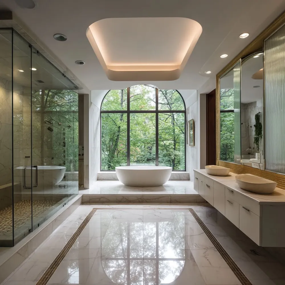 A finished bath: freestanding tub before an arched garden window, marble floors and twin stone basins under a gilded mirror